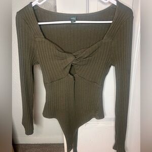 Wild Fable Olive Ribbed Knot Front Bodysuit